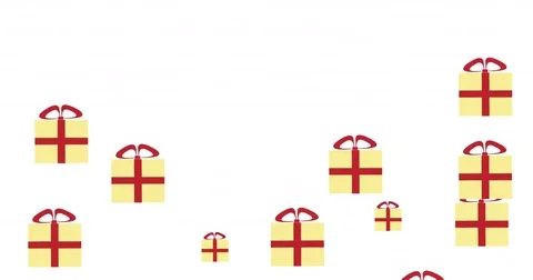 Yellow Gift boxes with a red ribbons fall down. Stock Footage 76249531