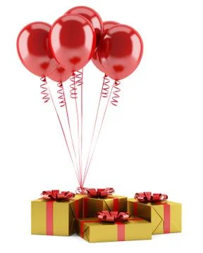 Yellow gift boxes with red ribbons and balloons isolated on white background. Stock Illustration