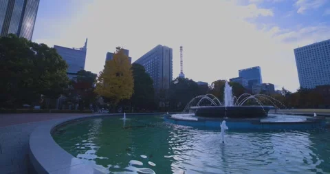 A yellow gingko tree and water fountain at Hibiya park in Tokyo wide shot Stock Footage 303836361