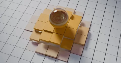Yellow Glass Sphere Moving on Responsive Cube Grid 4K Stock Footage 324777777