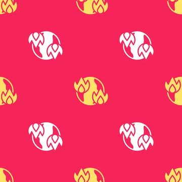 Yellow Global warming fire icon isolated seamless pattern on red background Illustrazione stock