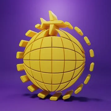 Yellow Globe with flying plane icon isolated on purple background. Airplane.. Illustrazione stock