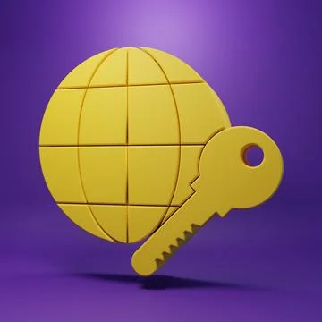 Yellow Globe key icon isolated on purple background. Minimalism concept. 3D.. Stock Illustration