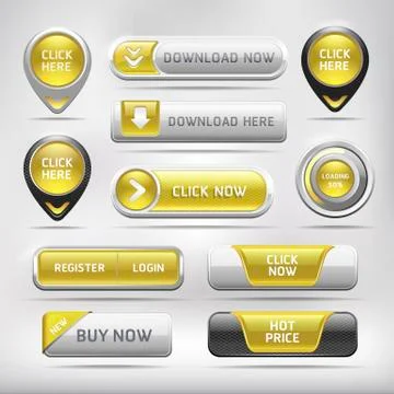 Yellow Glossy Web Elements Button Set. Vector illustration Illustrazione stock