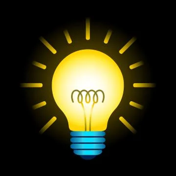 Yellow Glowing Light Bulb On Black Background. Lighting Electric Lamp Stock Illustration