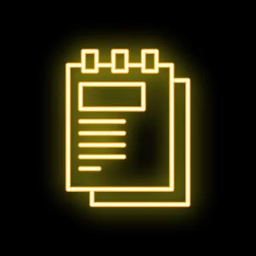 Yellow glowing neon line notepad icon isolated on black background Stock Illustration