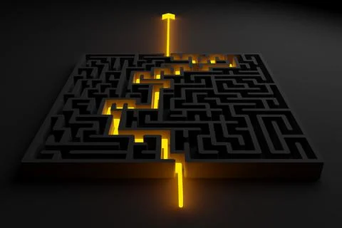 Yellow glowing path thru black maze or labyrinth over black background, succe Illustrazione stock