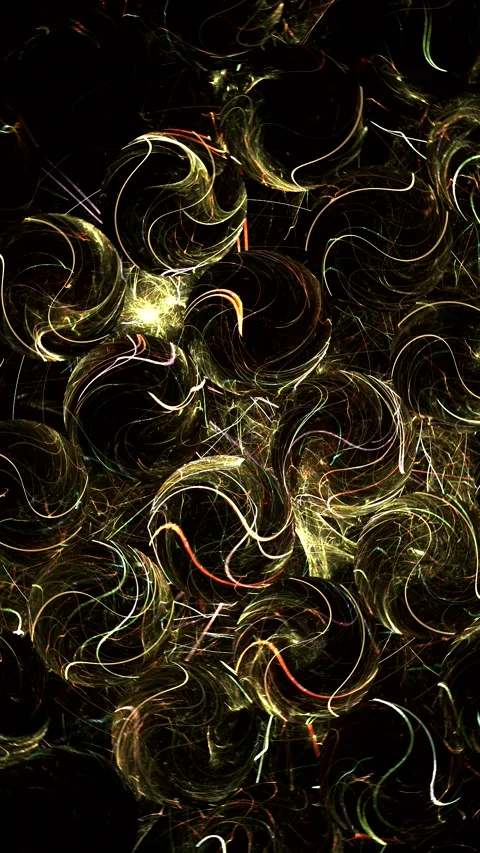 Yellow glowing swirling pattern of curved waves and transparent spheres Video stock 338410985