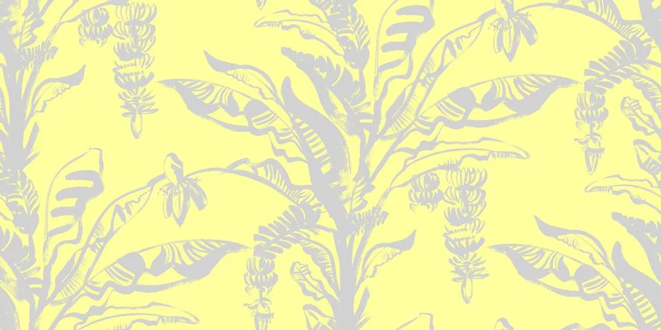 Yellow gray paste seamless pattern with a banana palm with tropical leaves drawn Illustrazione stock