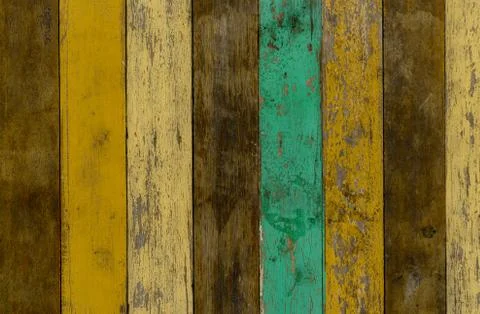 Yellow, green, and brown wooden wall texture background. Old wood floor with  Stock Photos