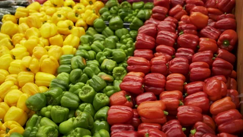 Yellow Green and Red Bell Peppers Lined Up on Grocery Produce Aisle Stock Footage 340229847