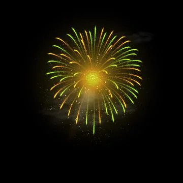 Yellow green firework explosion with sparks, smoke and glow effect. 库存插图