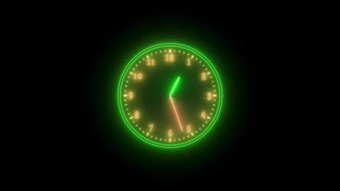 Yellow green neon light analog clock isolated on black background 1 Stock Illustration
