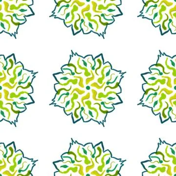 Yellow, green pattern, flower with petals and blue border, symmetrical.,seamless Stock Illustration