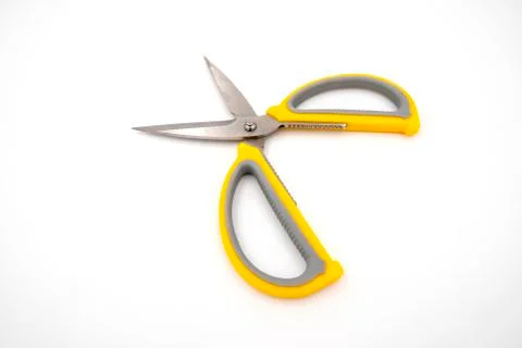 Yellow grey handle scissors isolate on white background. Paper, art, multipur Stock Photos