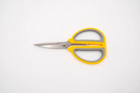 Yellow grey handle scissors isolate on white background. Paper, art, multipur Stock Photos