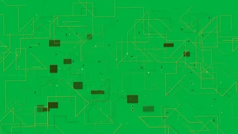 Yellow grid growing from edges, drawing lines, pulsing nodes forming schematic Stock Footage 333630189