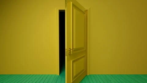Yellow half open door leading to dark room with green floor Stock Illustration