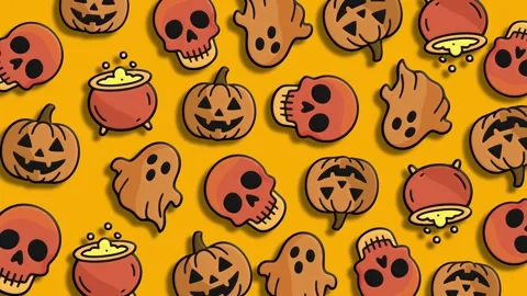 Yellow halloween pattern with various cute spooky and creepy icons Stock Footage 324856122