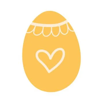 Yellow Hand drawn Easter Egg. Doodle style Shell decorated with heart. Simple Stock Illustration