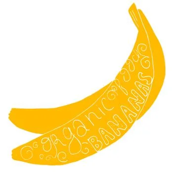 Yellow hand drawn vector bananas with text inside of it. Stock Illustration