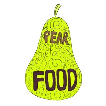 Yellow hand drawn vector pear with text inside of it. Stock Illustration