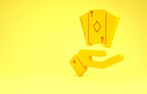 Yellow Hand holding deck of playing cards icon isolated on yellow background. Stock Illustration