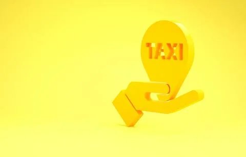 Yellow Hand on map pointer with taxi icon isolated on yellow background. Loca Stock Illustration