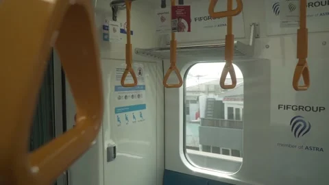 Yellow Handle On The Train Or Bus. Public Transportation Safety Stock Footage 159393208