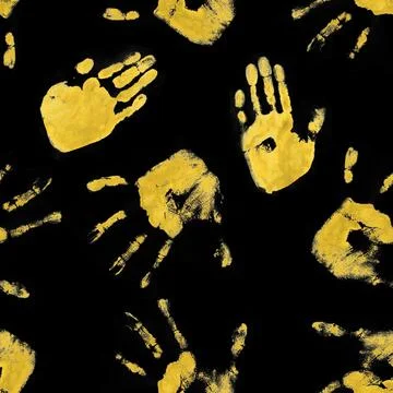 Yellow Handprints on Black Background Stock Illustration