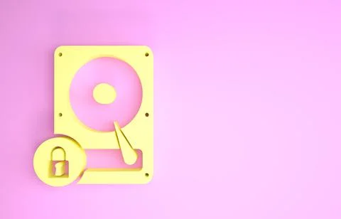 Yellow Hard disk drive and lock icon isolated on pink background. HHD and pad Stock Illustration