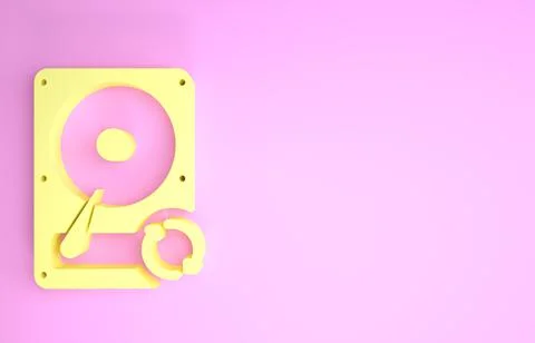 Yellow Hard disk drive HDD sync refresh icon isolated on pink background. Min Illustrazione stock