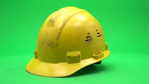 Yellow hard hat positioned in front of a vibrant green Video stock 317216350