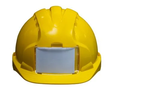 Yellow hard hat showing blank name tag area for personalization Stock Photos