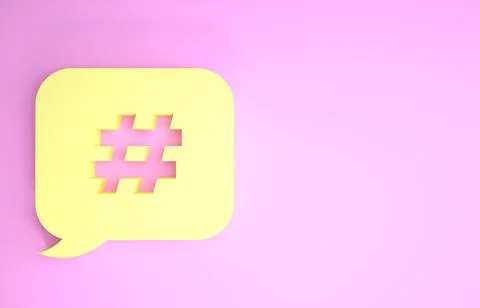 Yellow Hashtag speech bubble icon isolated on pink background. Concept of num Illustrazione stock