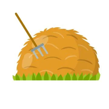 Yellow haystack and hayfork. Cartoon flat illustration. Rustic sheaf. Stock Illustration