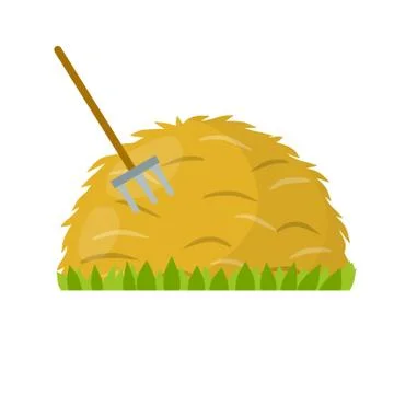 Yellow haystack and hayfork. Cartoon flat illustration. Rustic sheaf. Stock Illustration
