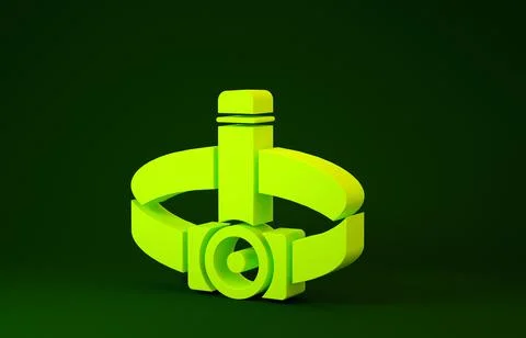 Yellow Head flashlight icon isolated on green background. Tourist head flashl Illustrazione stock