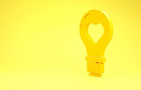 Yellow Heart shape in a light bulb icon isolated on yellow background. Love s Stock Illustration