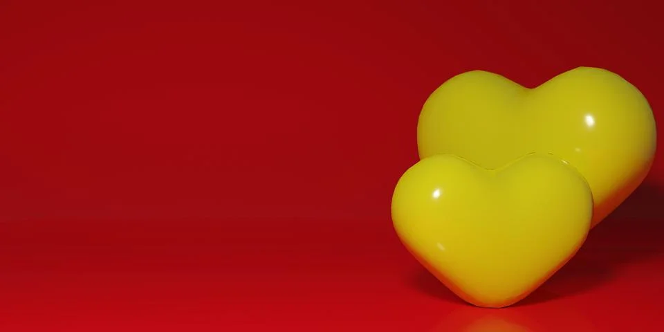 Yellow hearts balloon 3d render on vivid red background for valentine or romance Stock Illustration
