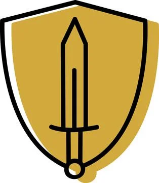 Yellow heraldic shield with sword symbol Stock-Illustration