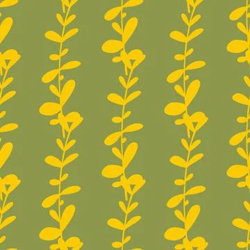 Yellow herbal eucalyptus elements seamless doodle pattern. Green pastel backg Stock Illustration