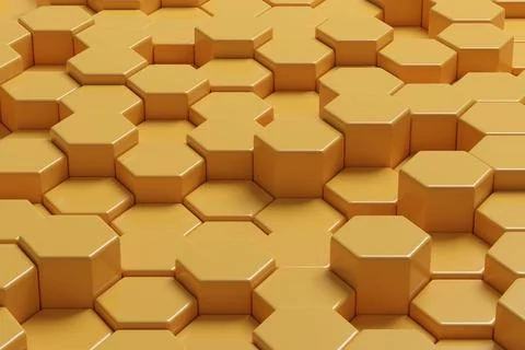 Yellow hexagonal prisms abstract background. Geometric pattern. 3d illustra.. Stock Photos