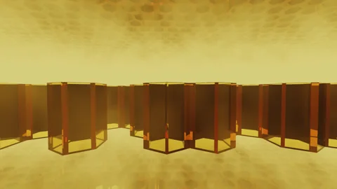 Yellow hexagonal texture cells in the fog of space. Stock-Footage 293734075