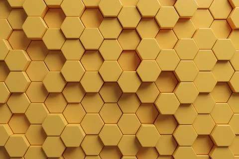Yellow hexagons abstract background. Top view. Geometric pattern. 3d illust.. Stock Photos