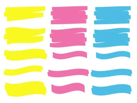Yellow highlight marker lines. Highlighter strokes vector. Marker marks Stock Illustration