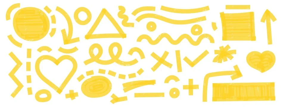 Yellow highlight marker vector set with strokes, lines and doodles. Sketchy.. Stock Illustration