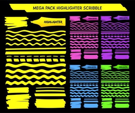 Yellow highlight pen hand drawn lines set Stock Illustration