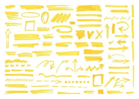 Yellow highlighter elements, acid highlighters marker stripe. Underline element Illustrazione stock