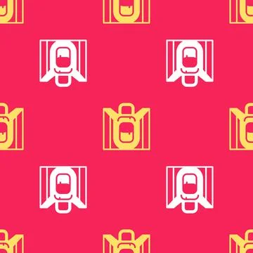 Yellow Hiking backpack icon isolated seamless pattern on red background. Camping Stock Illustration